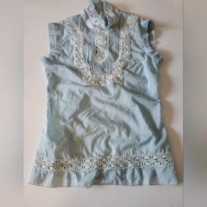 Hale Bob Cotton Prairie Victorian Pintuck High-neck Blouse Blue XS